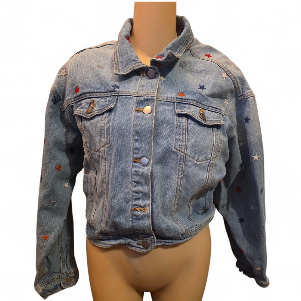 Vigoss Blue Jean Jacket with Red White Blue Stars Button Up Long Sleeve Lrg Jrs